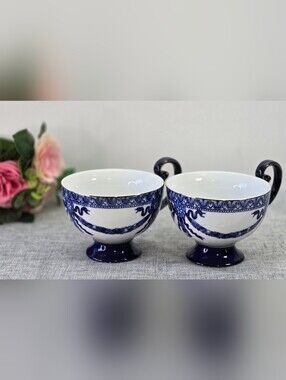 Vintage Bombay Company Asian Garden Mugs Cobalt Blue - Set of 2 w/ Pedestal Base